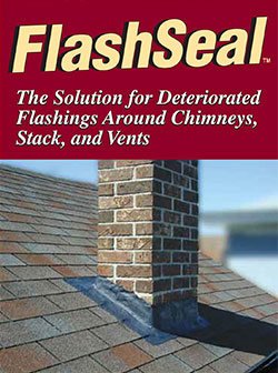 ChimneySavers FlashSeal text reads The Soulution for deteriorated falshings around chimneys stack and vents with chimney photo