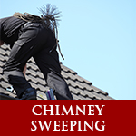 Chimney Sweeping white letters on red text, man with chimney tools on side of roof