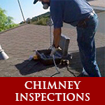 chimney inspections in white letters with red background. man with tools looking into chimney on roof of home