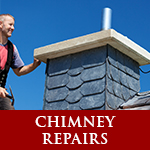 chimney repairs in white letters with red background man standing on roof next to chimney shown