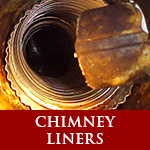 Chimney liners in white letters with red background image looking down metal chimney liner shown