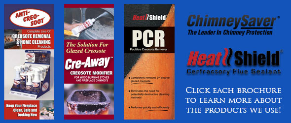 Creosote removal brochure ad showing Cre Away, Heat Shield and Anti Creo Soot products