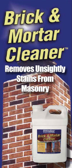 brick and mortar cleaner brochure shows container of products in front of image of chimney