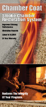 chamber coat brochure images of fire and children by a burning fireplace in their home shown on the top and bottom