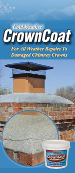 cold weather crowncoat brochure bucket of product shown along with close up of it being applied to chimney
