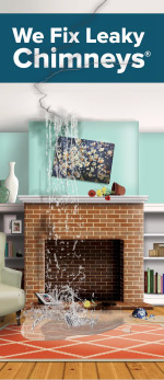 we fix leaky chimneys brochure we fix leaky chimneys in text with image of water coming down from the ceiling of a home into the room in front of fireplace/chimney